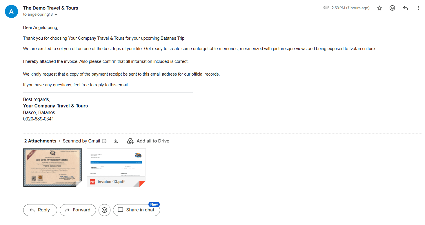 Email your client professionally (downpayment + balance tracking)